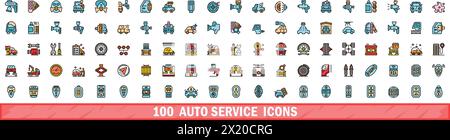 100 auto service icons set. Color line set of auto service vector icons thin line color flat on white Stock Vector