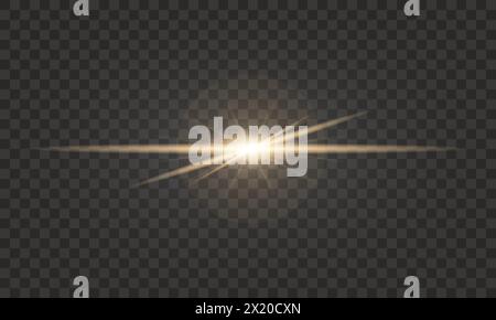 Gold laser beam, flare effect. Sparkling light overlay. Stock Vector