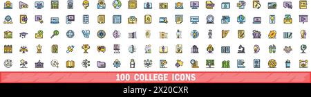 100 college icons set. Color line set of college vector icons thin line color flat on white Stock Vector