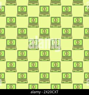 Bitcoin sign on Laptop Screen vector Cryptocurrency concept colored seamless pattern Stock Vector