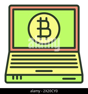 Bitcoin sign on Laptop Screen vector Cryptocurrency concept colored icon or logo element Stock Vector