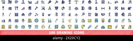 100 drawing icons set. Color line set of drawing vector icons thin line color flat on white Stock Vector