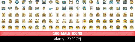 100 male icons set. Color line set of male vector icons thin line color flat on white Stock Vector