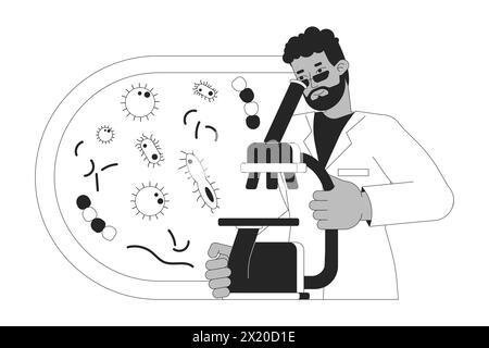 Scientist studying bacterium via microscope black and white 2D line cartoon character Stock Vector
