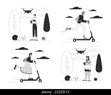 Technology in everyday life black and white cartoon flat illustrations set Stock Vector