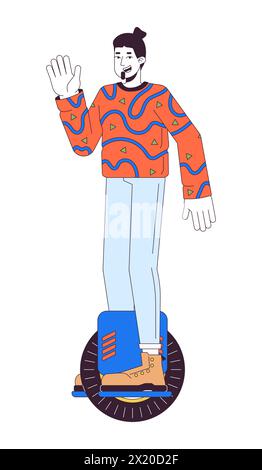 Happy guy riding electric unicycle scooter 2D linear cartoon character Stock Vector