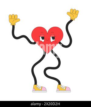 Retro funky heart with wavy arms and legs 2D linear cartoon character Stock Vector
