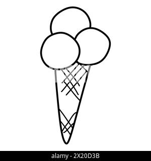 Ice cream icon, Sundae Gelato, Cone waffle with three icecream, thin line web symbol on white background. Vector Linear Illustration for Coloring book Stock Vector
