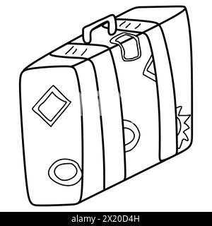 Vintage Leather Suitcase. Black and White Sketch of Retro Travel Bag. Old fashioned Case with Belts. Hand drawn Vector Outline Illustration of Luggage Stock Vector