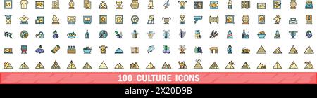 100 culture icons set. Color line set of culture vector icons thin line color flat on white Stock Vector