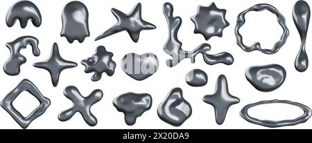 Abstract liquid metal shapes. Metallic shapes and chrome blobs, glossy and Y2K heart, melted silver frame and molten mercury corner 3d vector set of s Stock Vector
