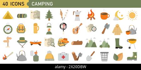 Vector set of camping equipment symbols, icons and elements. Summer hiking collection Stock Vector
