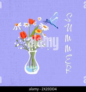 Wildflowers bouquet glass vase textured blue background. Dragonfly bee daisies tulips daisies. Summer poster square banner. Flat vector illustration Stock Vector