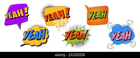 Speech bubble set in trendy retro style. YEAH text. Comic sound effects. Stock Vector