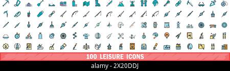 100 leisure icons set. Color line set of leisure vector icons thin line color flat on white Stock Vector
