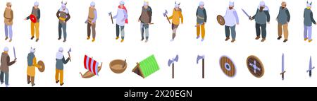 Viking helmet icons set isometric vector. Medieval warrior. Knight beard Stock Vector