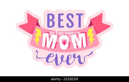 Vector vintage logo with pink ribbon for Mother's day. Retro emblem for Mom. Poster of super mom with pink ribbon for Mother day. Stock Vector