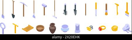 Excavation tools icons set isometric vector. Ancient inventory. Antique digging Stock Vector