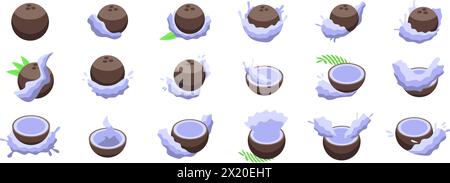 Coconut milk splash icons set isometric vector. Fresh cooking. Food beverage Stock Vector