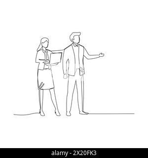 Simple continuous line drawing vector illustration businessman and businesswoman having a business discussion. Effective communication in business con Stock Vector