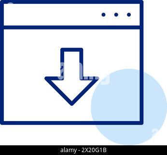 Browser window with downward arrow. Downloading online contend from web page. Pixel perfect vector icon Stock Vector