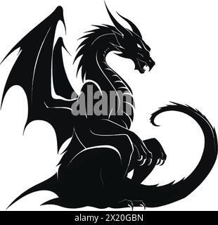 Vector Illustration Of A Dragon In Black Silhouette Against A Clean 