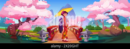 Japan spring forest garden with pink tree and pond. Japanese woman in kimono and outdoor mountain landscape with asian cherry or sakura drawing. Geisha girl in costume standing on bridge scenery Stock Vector