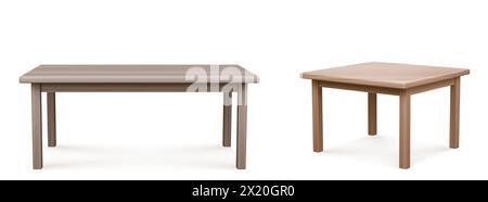 Wooden tables set isolated on white background. Vector realistic illustration of home or restaurant kitchen interior design furniture, office desk mockup made of natural wood, light brown oak tabletop Stock Vector