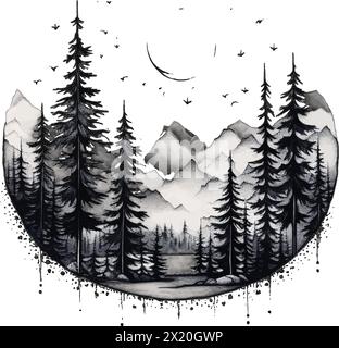 Vector illustration of a landscape; river, trees, mountains in black silhouette against a clean white background, capturing graceful forms of this vec Stock Vector