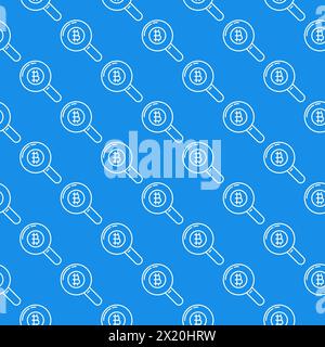 Magnifier with Bitcoin sign vector Cryptocurrency Search concept seamless pattern in thin line style Stock Vector