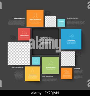 Vector Minimalist color squares  mosaic Infographic report template with various square blocks and photo placeholders with one big block containing th Stock Vector