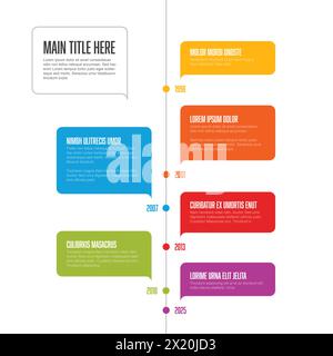Colorful simple solid color bubbles vertical timeline template on white background with big year numbers description and icons. Minimalistic time line Stock Vector