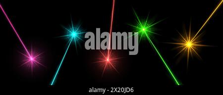 Glowing lasers, multicolored laser beams isolated on black. Stock Vector