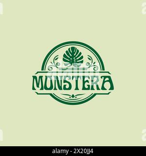 Monstera Logo, Monstera Stamp Logo Design, Monstera Vintage Vector Design Stock Vector