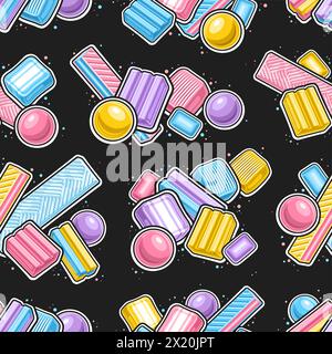 Vector Bubble Gum seamless pattern, repeat background with outline illustration of many various bubblegums and soft candies, square poster with group Stock Vector