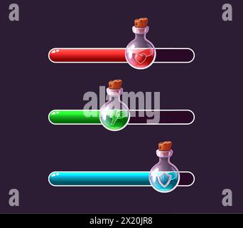 Cartoon power level bars. Fantasy game interface elements with potion vial bottles and progress bar for health, power and shield cartoon vector set of Stock Vector