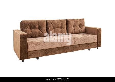 Brown sofa with velor fabric pillows isolated on a white background. Cushioned furniture. Stock Photo