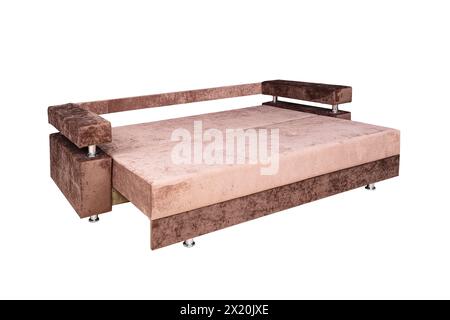 Pink unfolded sofa made of velor fabric isolated on a white background. Cushioned furniture. Stock Photo