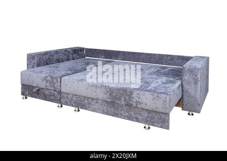 Gray unfolded sofa made of velor fabric isolated on a white background. Cushioned furniture. Stock Photo