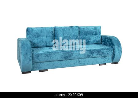 Turquoise sofa with velor fabric pillows isolated on a white background. Cushioned furniture. Stock Photo