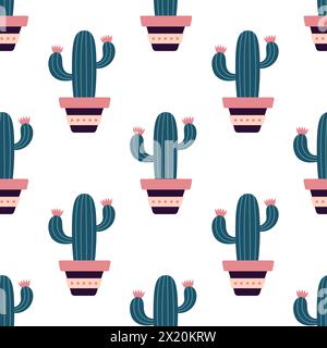 Cute cacti in boho style. Cactus seamless pattern. Trendy boho texture. Cacti fabric print design. Succulent textile. Flat design, doodle style, white background Stock Vector