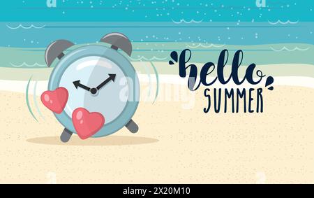 Beach banner with a clock and hello summer text. Vector illustration Stock Vector