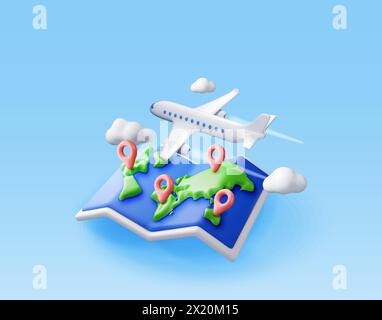 3D airplane in clouds and paper map Stock Vector