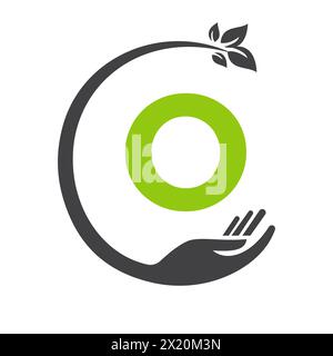 Eco Logo On Letter O Concept with Hand and Leaf Symbol. Recycle Sign Stock Vector