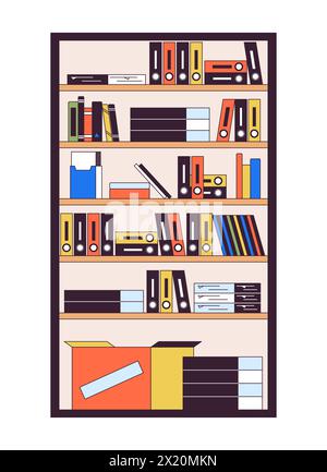 Bookcase filled with folders and boxes 2D linear cartoon object Stock Vector