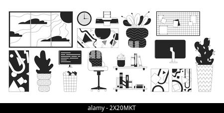 Office interior design details black and white 2D line cartoon object set Stock Vector
