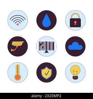 Smart devices at home 2D linear cartoon icons set Stock Vector