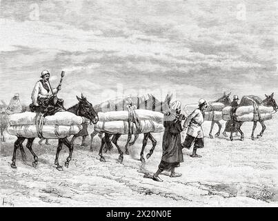 Transportation of deceased persons on horseback to Karbala, Iraq. Middle East. Drawing by Oswaldo Tofani (1849 - 1915) Persia, Chaldea and Susiana 1881-1882 by Jane Dieulafoy (1851 - 1916) Le Tour du Monde 1886 Stock Photo