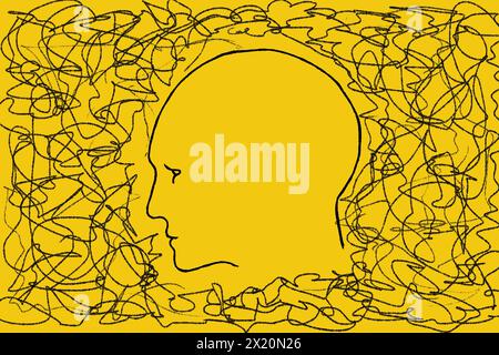 Silhouette of human head with tangled line outside. Illustration on yellow. Concept of personality disorder and depression, chaotic thinking, confusio Stock Photo