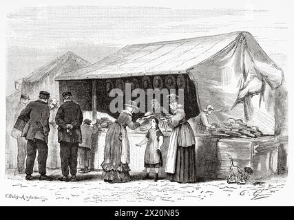 Traditional hat market in Leeuwarden city, Friesland, The Netherlands, Europe. Friesland, Dutch newspaper De Aarde en Haar volken, 1883. Le Tour du Monde 1886 Stock Photo